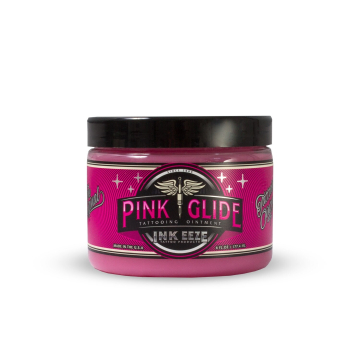 INK-EEZE Pink Glide Tattoo Ointment 180ml container with black lid and pink label