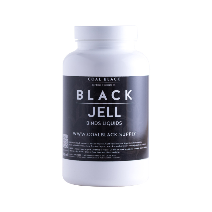 Une bouteille en plastique blanc étiquetée « Coal Black - Solidificateur Black Jell 300 g » présentée sur fond blanc.
