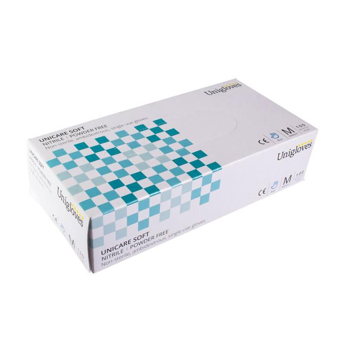 Box of 100 Blue Unicare Soft Nitrile Powder Free Gloves Medium