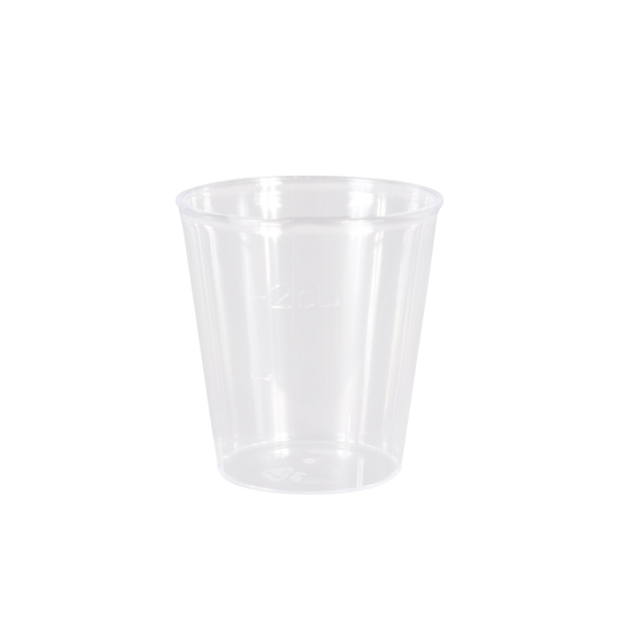 Clear plastic mini rinse cup with 20ml capacity isolated on white background
