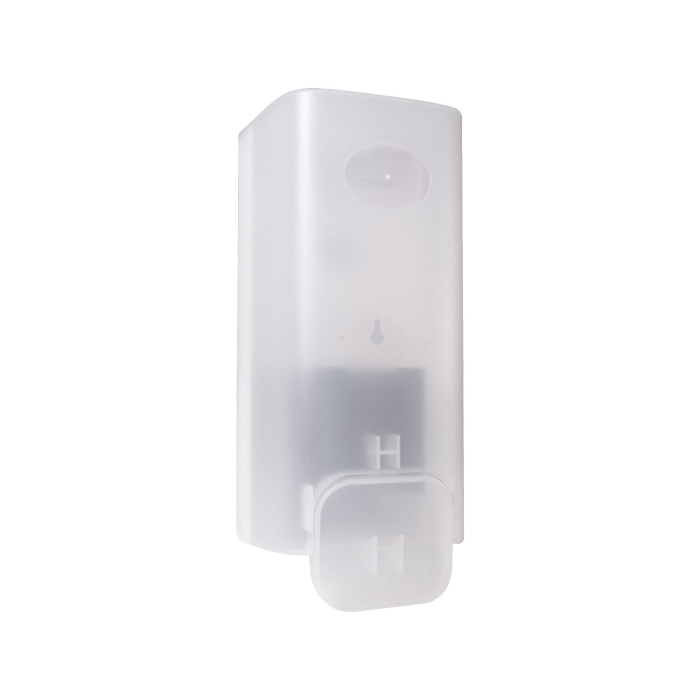 Le Viroscrub – Distributeur pour système de cartouche (blanc) est un diffuseur mural automatique, translucide et rectangulaire, avec une façade arrondie et un petit capteur circulaire situé près du sommet.