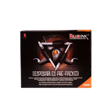 20 St. Killer Ink Einweggriff/-Spitze 25mm, vorverpackt mit Bug Pin 0,25MM Tattoonadeln - gemischte Größen/Arten