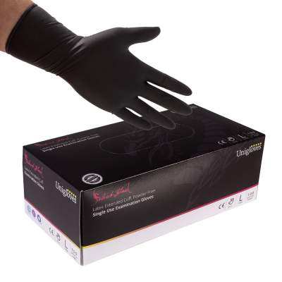 Eine Packung schwarze Uniglove Latexhandschuhe mit Manschette