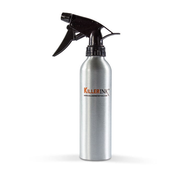 Killer Ink 250ml aluminium spray bottle with black trigger nozzle on white background