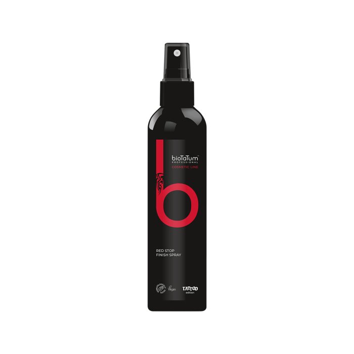 BioTaTum Redstop Finish Spray 250ml black cosmetic bottle with red logo and spray nozzle
