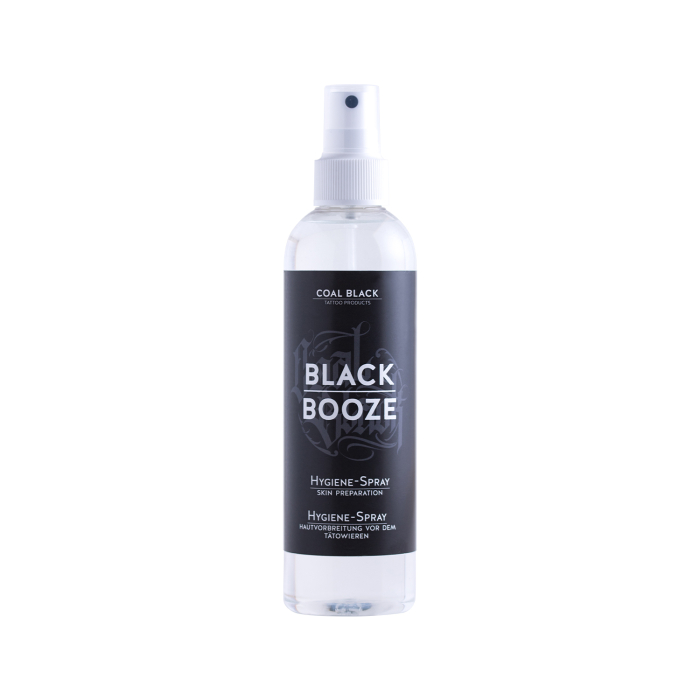 Une bouteille de 250 ml de Coal Black - Spray hygiénique Black Booze, avec une étiquette noire et un texte blanc, présentée sur fond blanc.