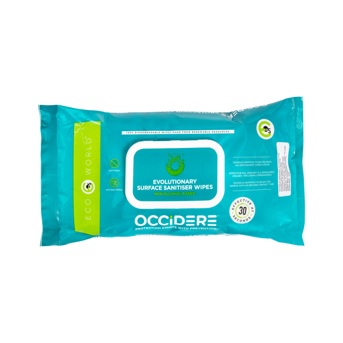 Un paquet turquoise de Lingettes désinfectantes de surface sans alcool Eco World (80 lingettes), avec couvercle blanc. L’étiquette précise qu’elles sont à base de plantes et adaptées à diverses surfaces.