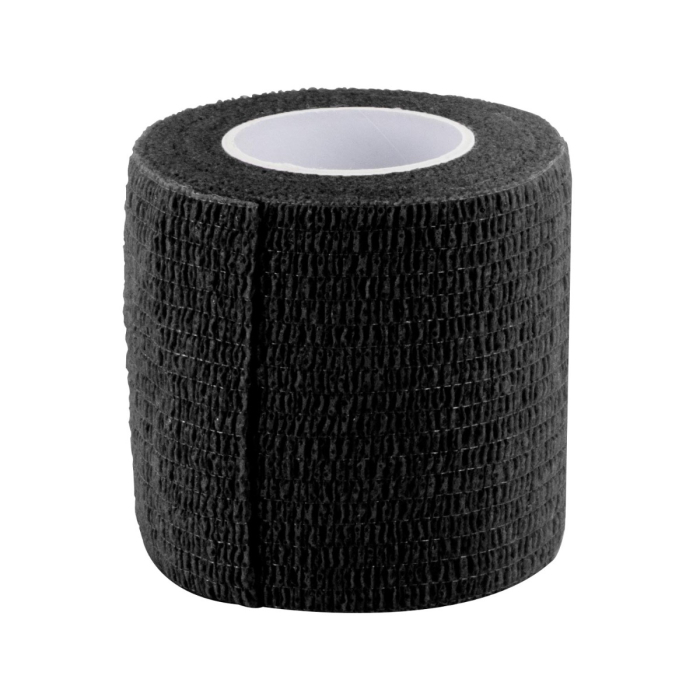 Le Ruban pour Manchon Killer Beauty 50MM x 4.5M - Black, un bandage adhésif noir avec une surface texturée, est présenté debout sur un fond blanc.