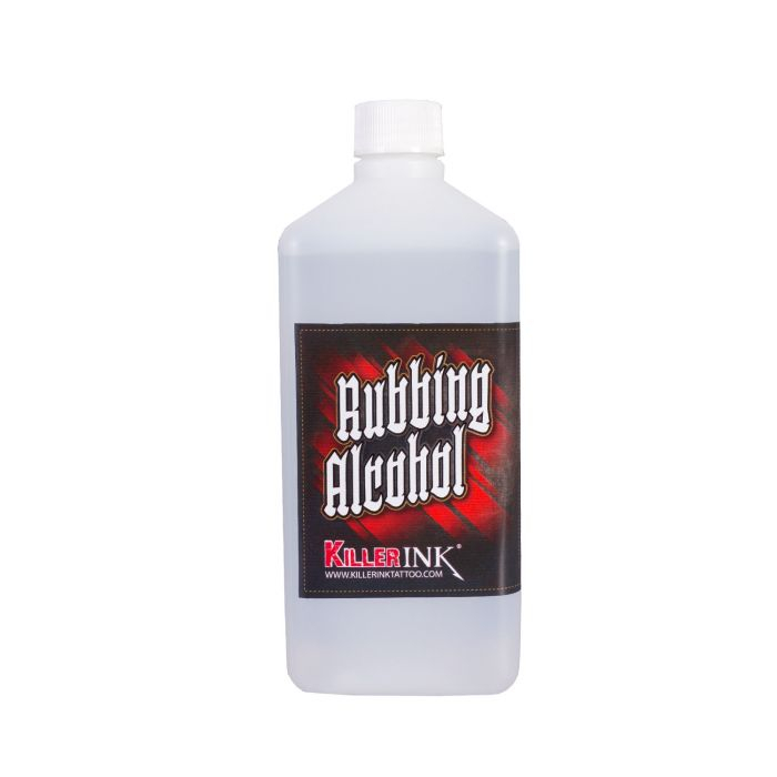 Une bouteille transparente avec un bouchon blanc portant l'inscription "Killer Ink - Alcool Friction Killer Ink 1 L" en gras sur un fond noir et rouge, avec la marque Killer Ink.